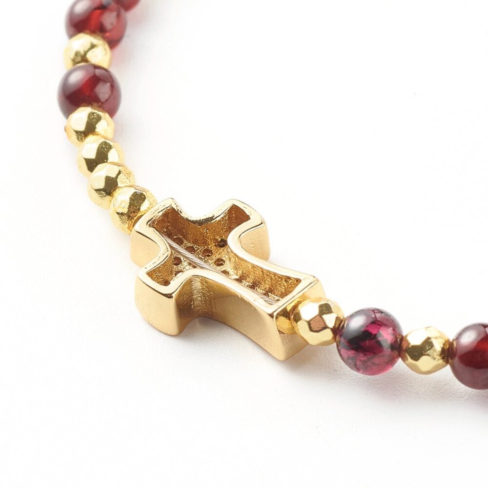 Dainty Cross W Pave Cz & Natural Garnet, Adjustable Gemstone bracelet HANDMADE - Picture 5 of 6